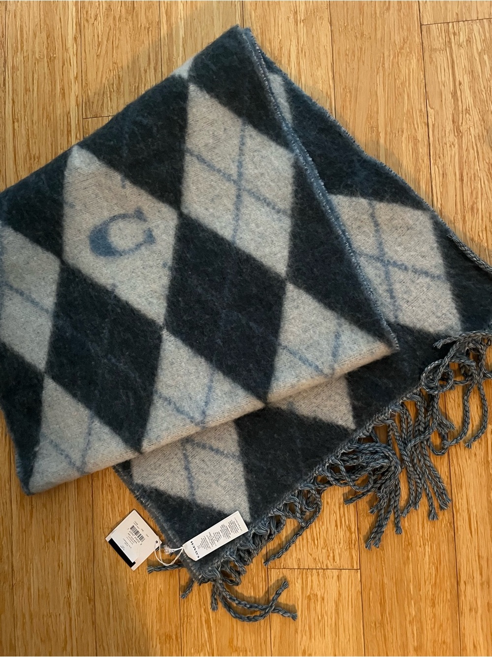 Coach Argyle Fringe Scarf in Navy & Cream